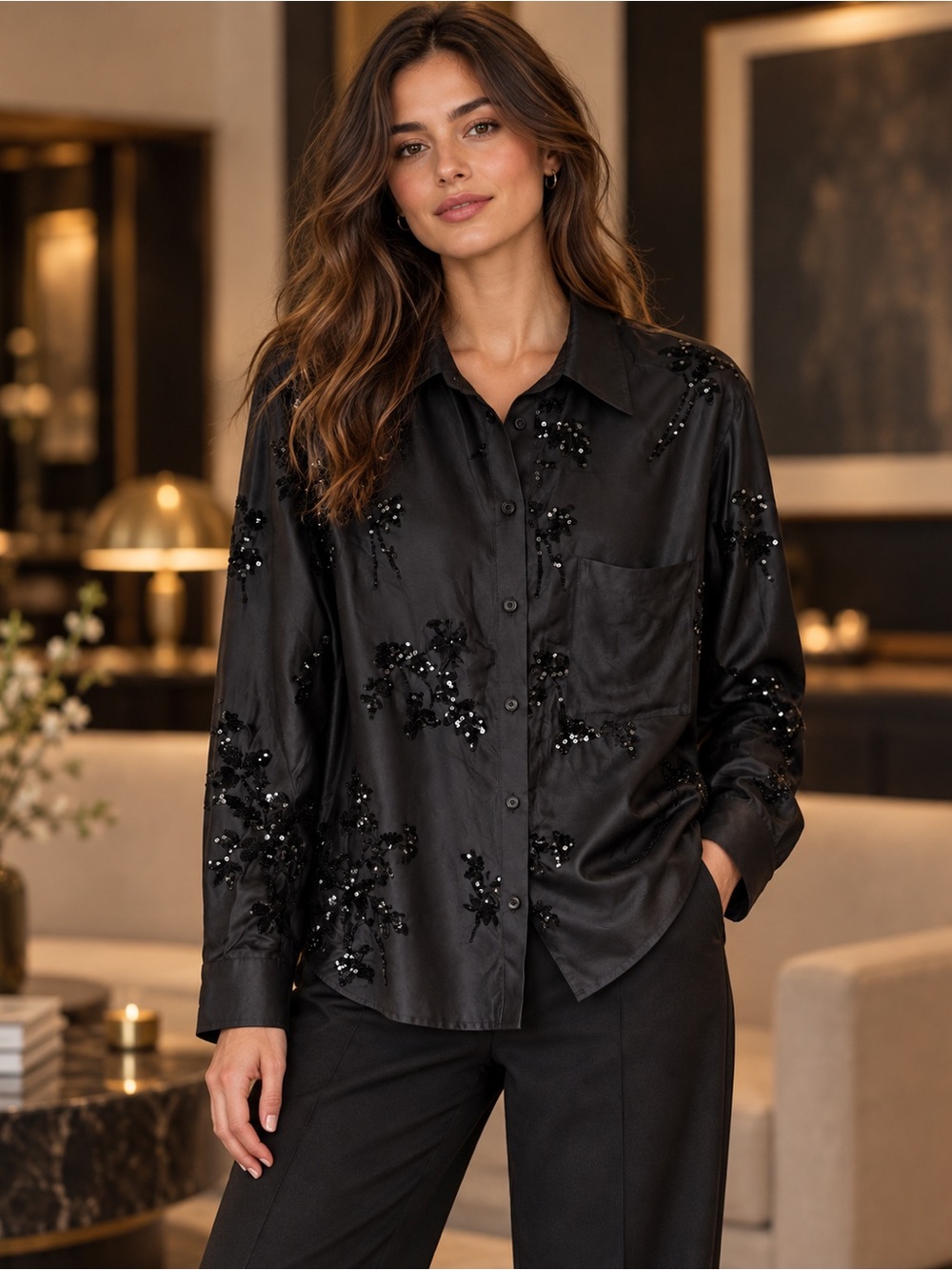 NWT Zara Black Satin Sequin Floral Embroidered Button Down Shirt XS